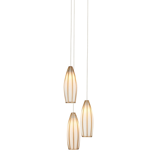 Parish 3-Light Round Multi-Drop Pendant by Currey and Company in white, antique brass, silver. Made from glass, metal in a modern style.