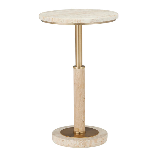 Miles Accent Table by Currey and Company in natural, polished brass. Made from travertine, brass in a modern style.