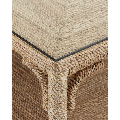 Olisa Cocktail Table by Currey and Company in natural, clear. Made from abaca rope, wrought iron, glass in a modern style.