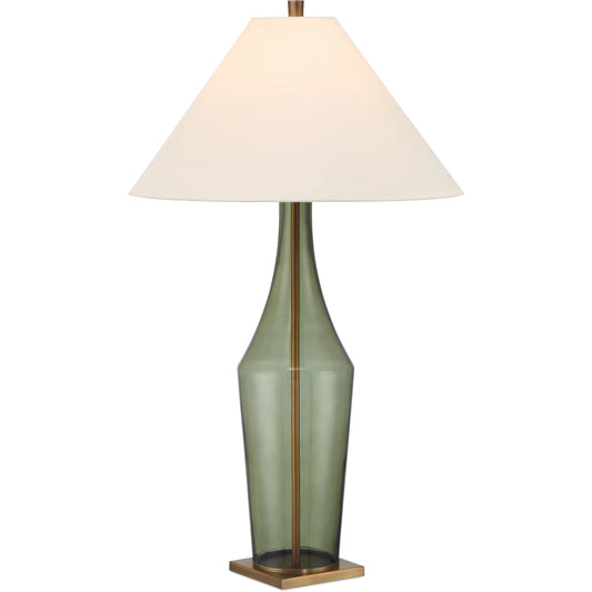 Olive Table Lamp by Currey and Company in green, antique brass. Made from glass, metal in a unique style.