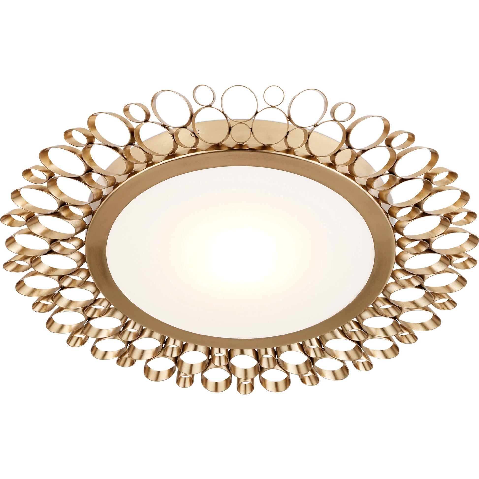 Antares Flush Mount by Currey and Company in antique brass, white. Made from metal, brass, glass in a modern style.