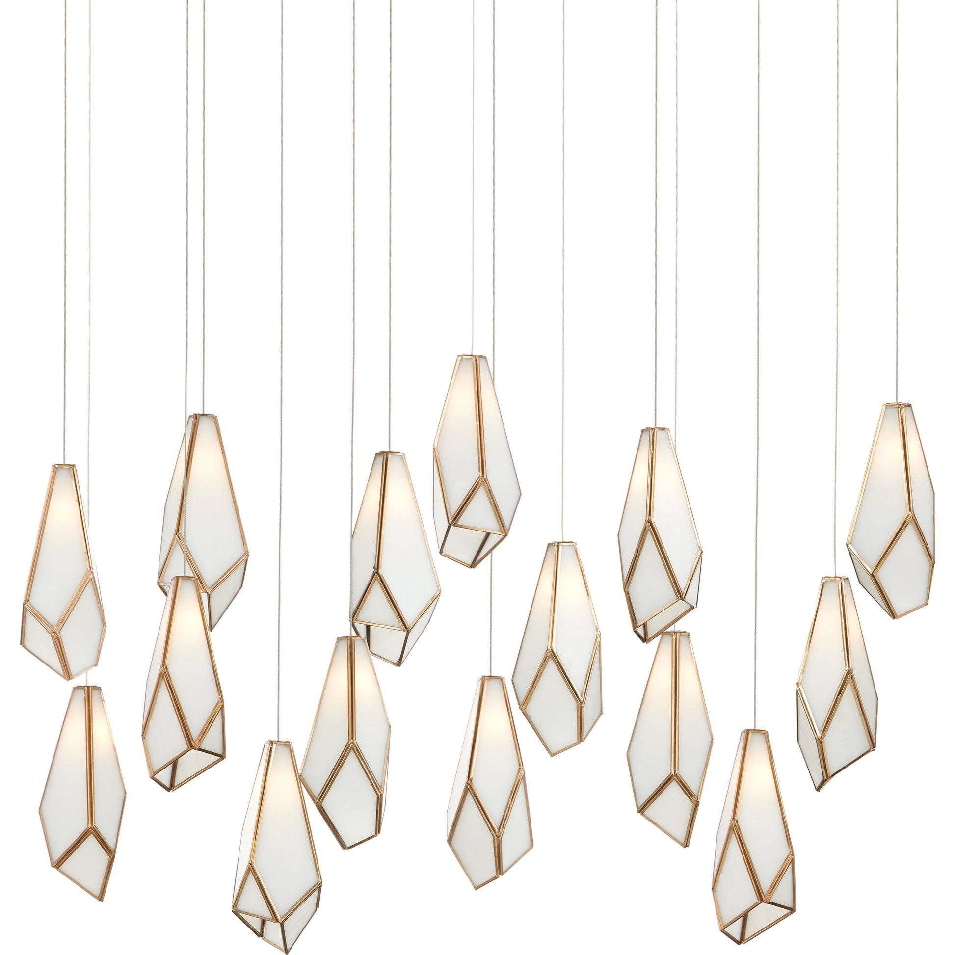 Glace Rectangular 15-LIGHT Multi-Drop Pendant by Currey and Company in white, antique brass, silver. Made from glass, iron in a modern style.