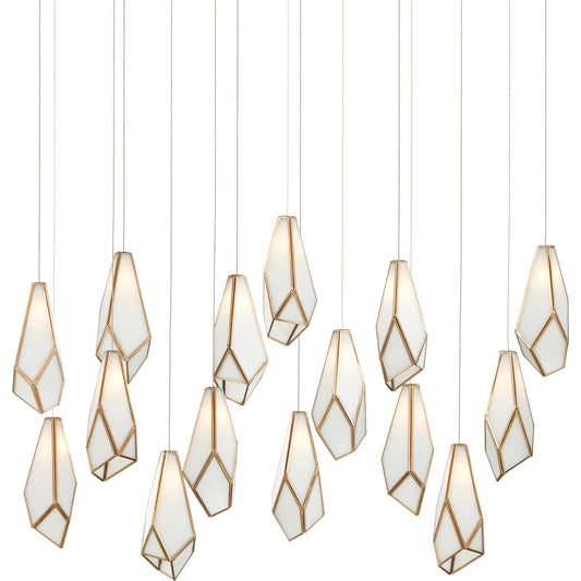 Glace Rectangular 15-LIGHT Multi-Drop Pendant by Currey and Company in white, antique brass, silver. Made from glass, iron in a modern style.