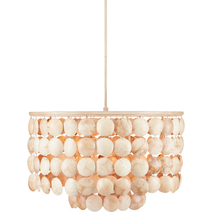 Buko Chandelier by Currey and Company in coco cream. Made from wrought iron, coco shell in a coastal style.