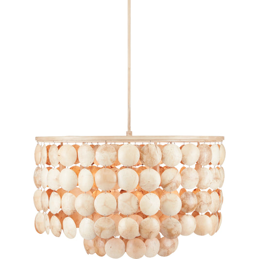 Buko Chandelier by Currey and Company in coco cream. Made from wrought iron, coco shell in a coastal style.