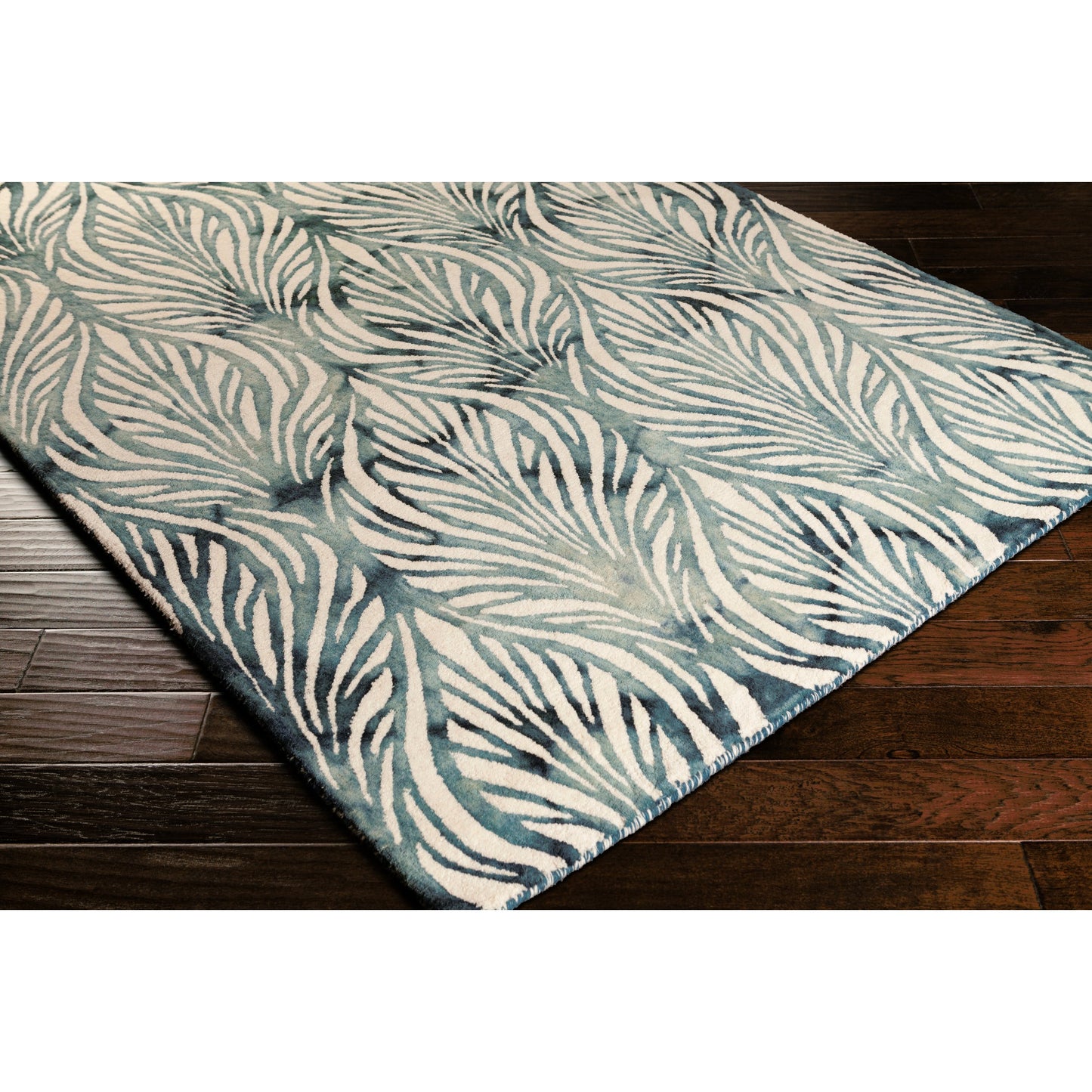 004 61205-24751 | Closeup | Belladonna BDA-3006 Rug by Surya in deep teal, teal, pale blue, ivory. Made from 100% wool in a unique style.