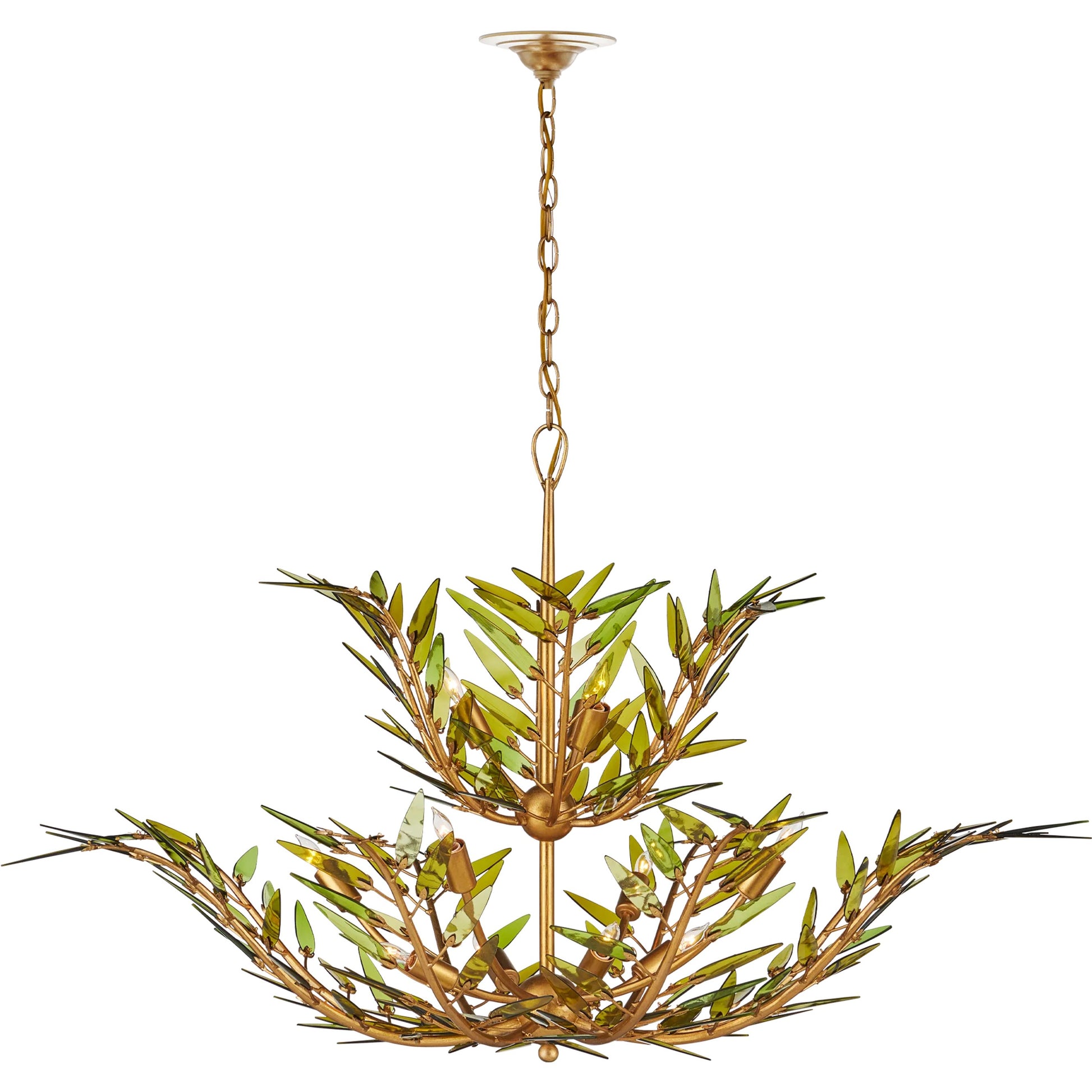 Babylon Two-Tier Chandelier by Currey and Company in green, contemporary gold leaf. Made from recycled bottle glass, wrought iron in a modern style.