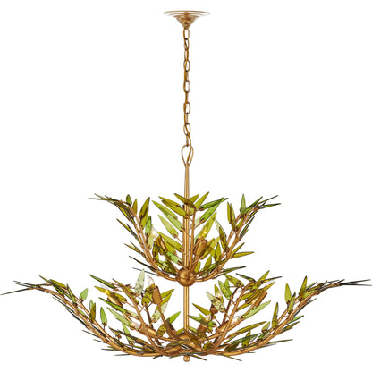 Babylon Two-Tier Chandelier by Currey and Company in green, contemporary gold leaf. Made from recycled bottle glass, wrought iron in a modern style.