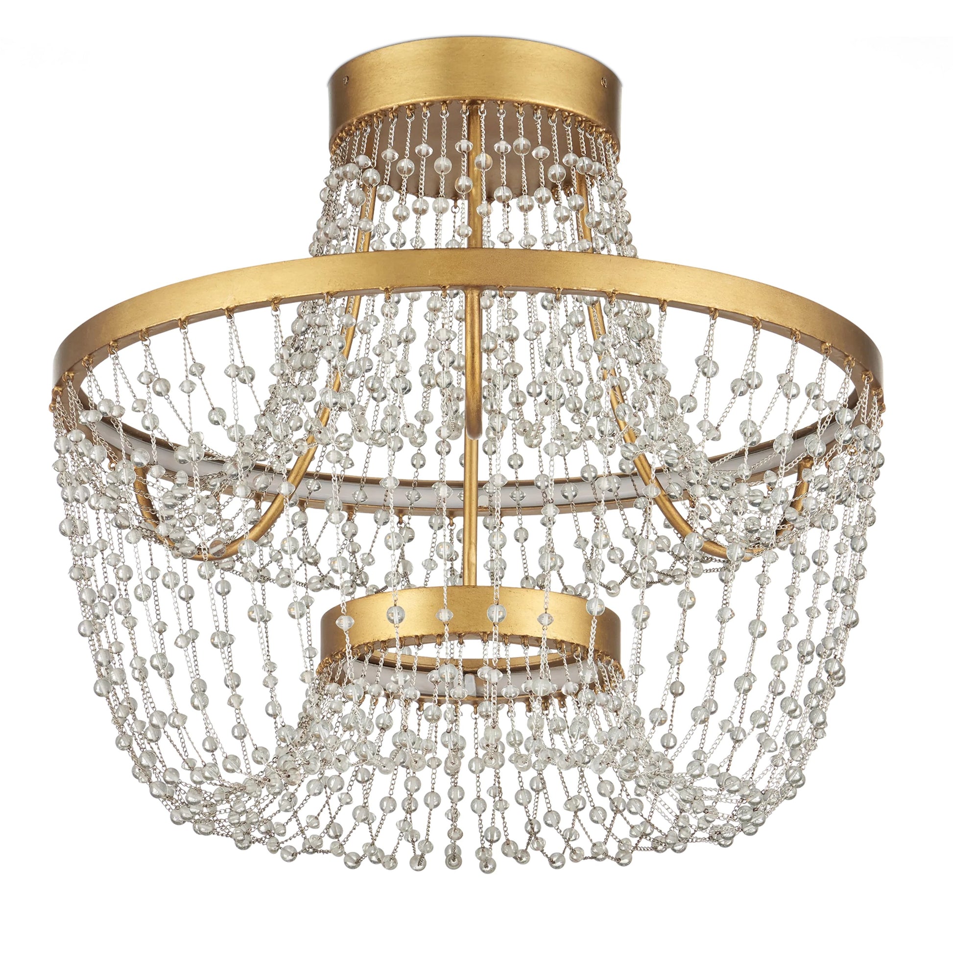 Mademoiselle Semi-Flush Mount by Currey and Company in clear, contemporary gold leaf. Made from glass beads, wrought iron in a unique style.
