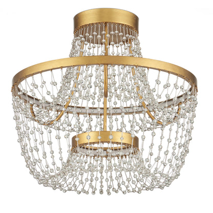 Mademoiselle Semi-Flush Mount by Currey and Company in clear, contemporary gold leaf. Made from glass beads, wrought iron in a unique style.