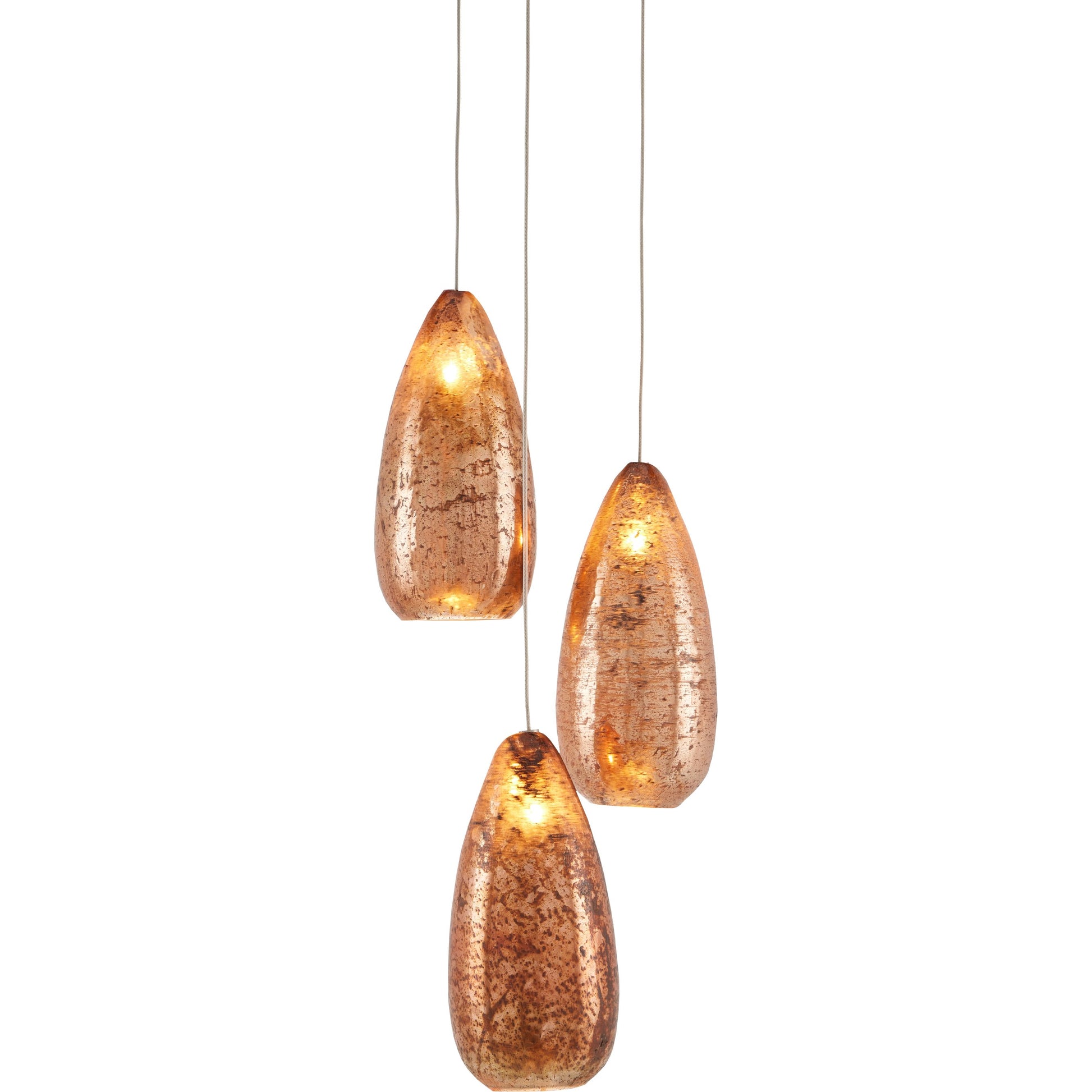 Rame 3-LIGHT Multi-Drop Pendant by Currey and Company in copper, silver. Made from antique copper, glass in a transitional style.