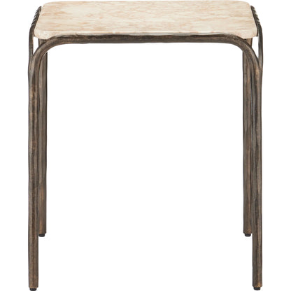 Crema Side Table by Currey and Company in natural, bronze. Made from marble, iron in a modern style.