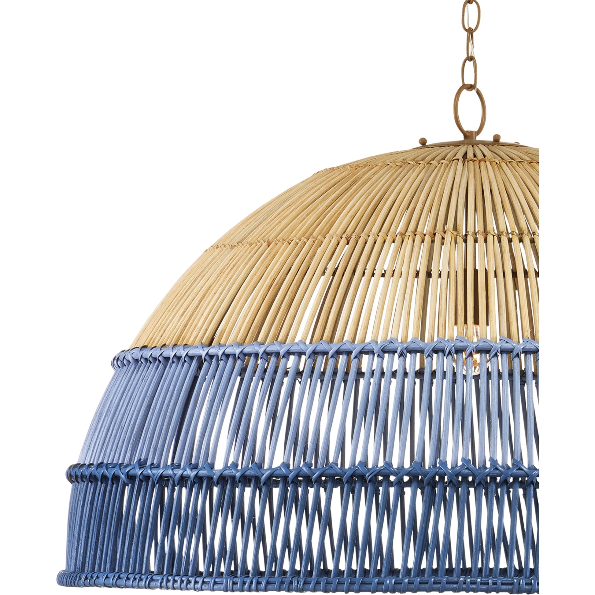 Senjyo Pendant by Currey and Company in khaki, cornflower blue, bluebonnet. Made from wrought iron, rattan in a coastal style.
