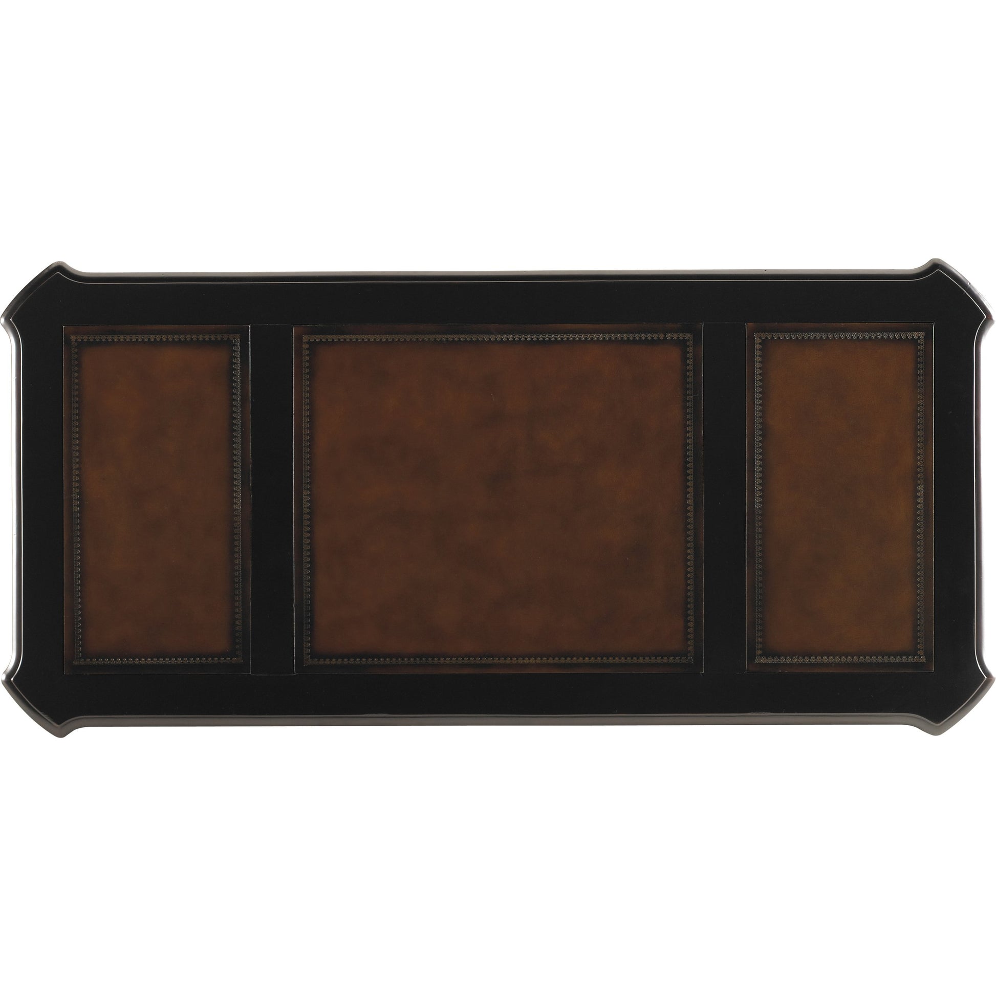 Telluride Executive Desk by Hooker Furniture in black. Made from cherry veneers with carved leather, nailhead trim, high quality bonded leather in a traditional style.