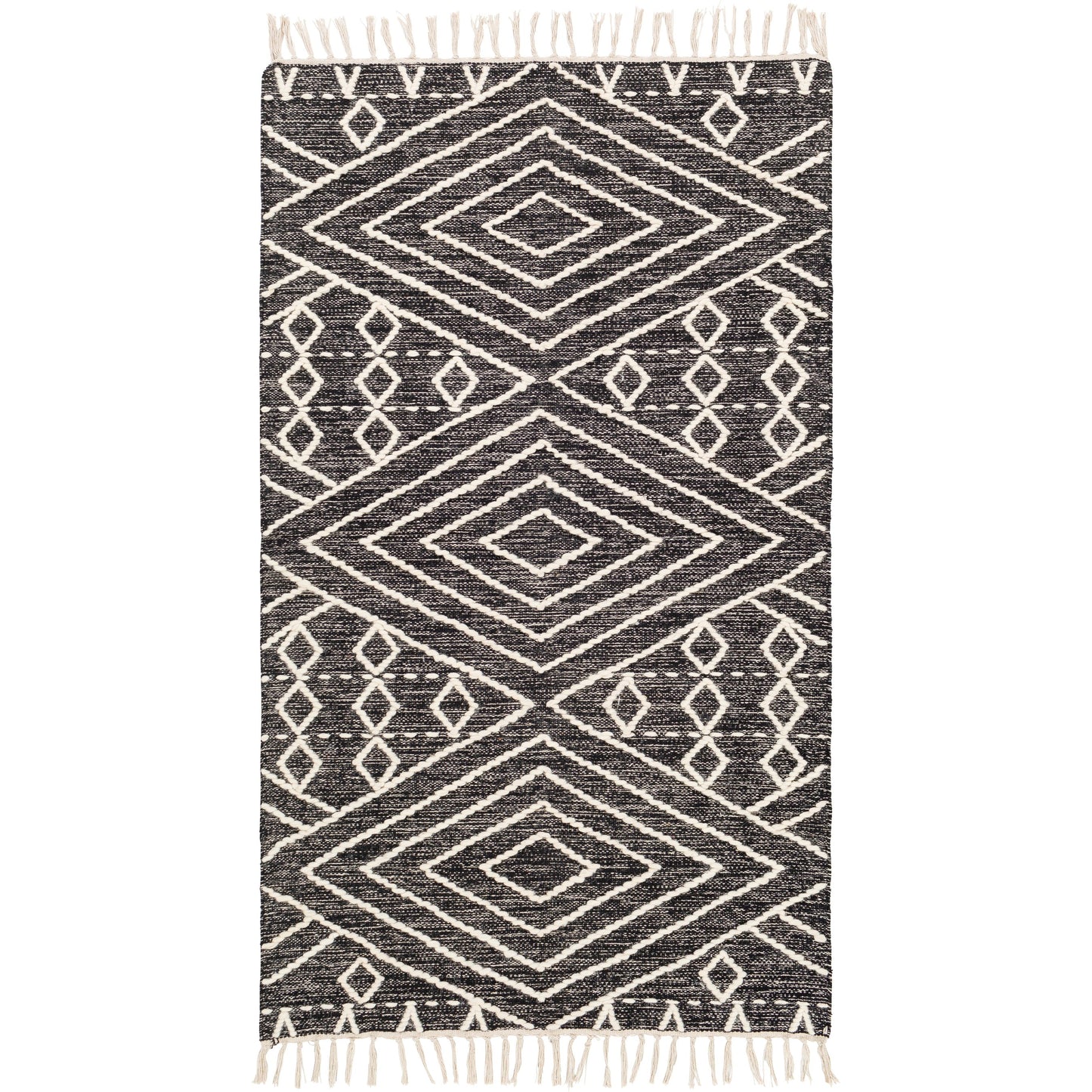002 SI-1844209,SI-1844210,SR-756709,SR-756710,SR-756711,SR-756712 | Primary Silo | Bedouin BDO-2300 Rug by Livabliss in black, cream. Made from 70% cotton, 30% wool in a unique style.