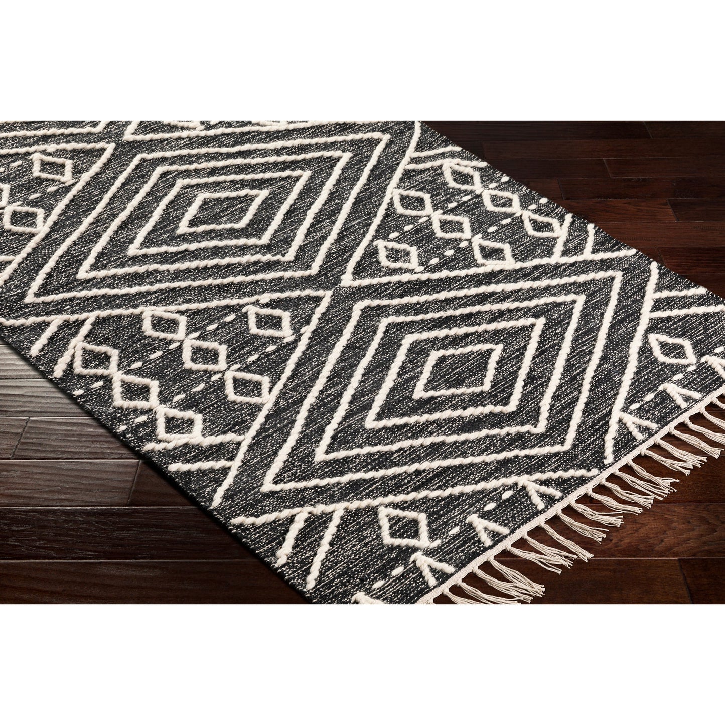 039 SR-756711,SR-756712,SR-756713 | Closeup | Bedouin BDO-2300 Rug by Livabliss in black, cream. Made from 70% cotton, 30% wool in a unique style.