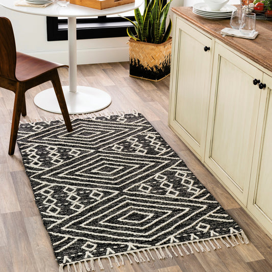Bedouin BDO-2300 Rug by Livabliss in black, cream. Made from 70% cotton, 30% wool in a unique style.