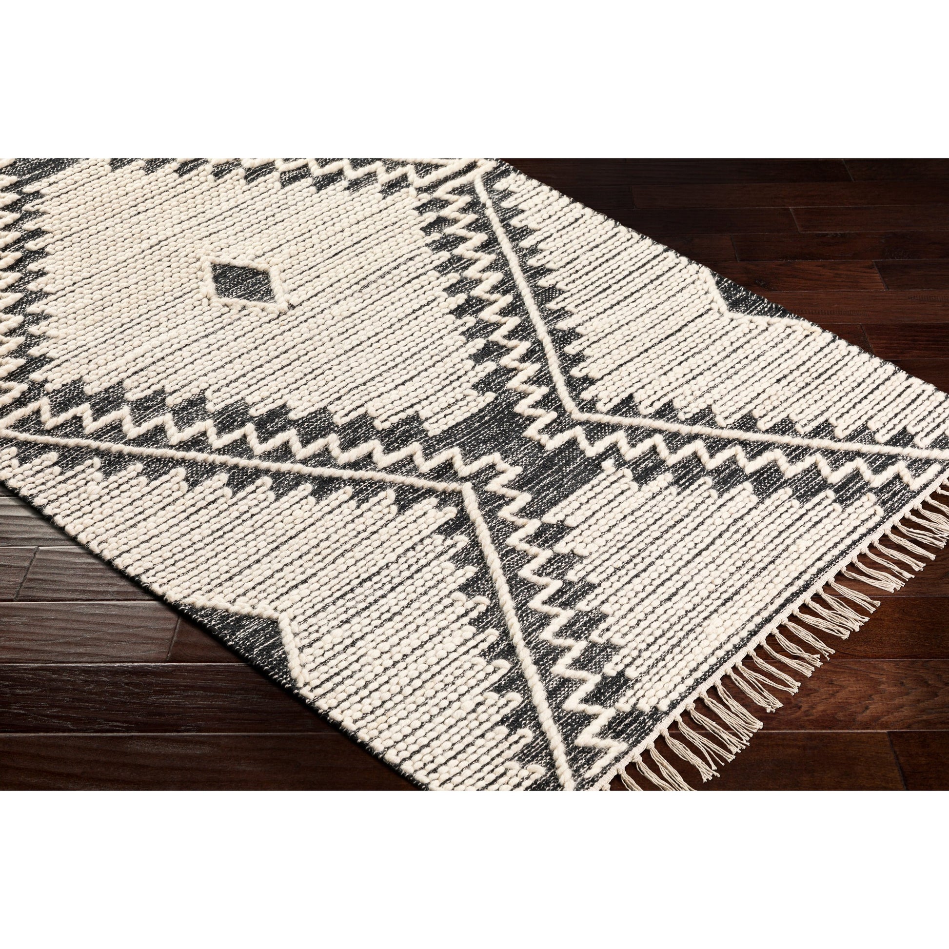 Bedouin BDO-2302 Rug by Livabliss in black, cream. Made from 70% cotton, 30% wool in a unique style.