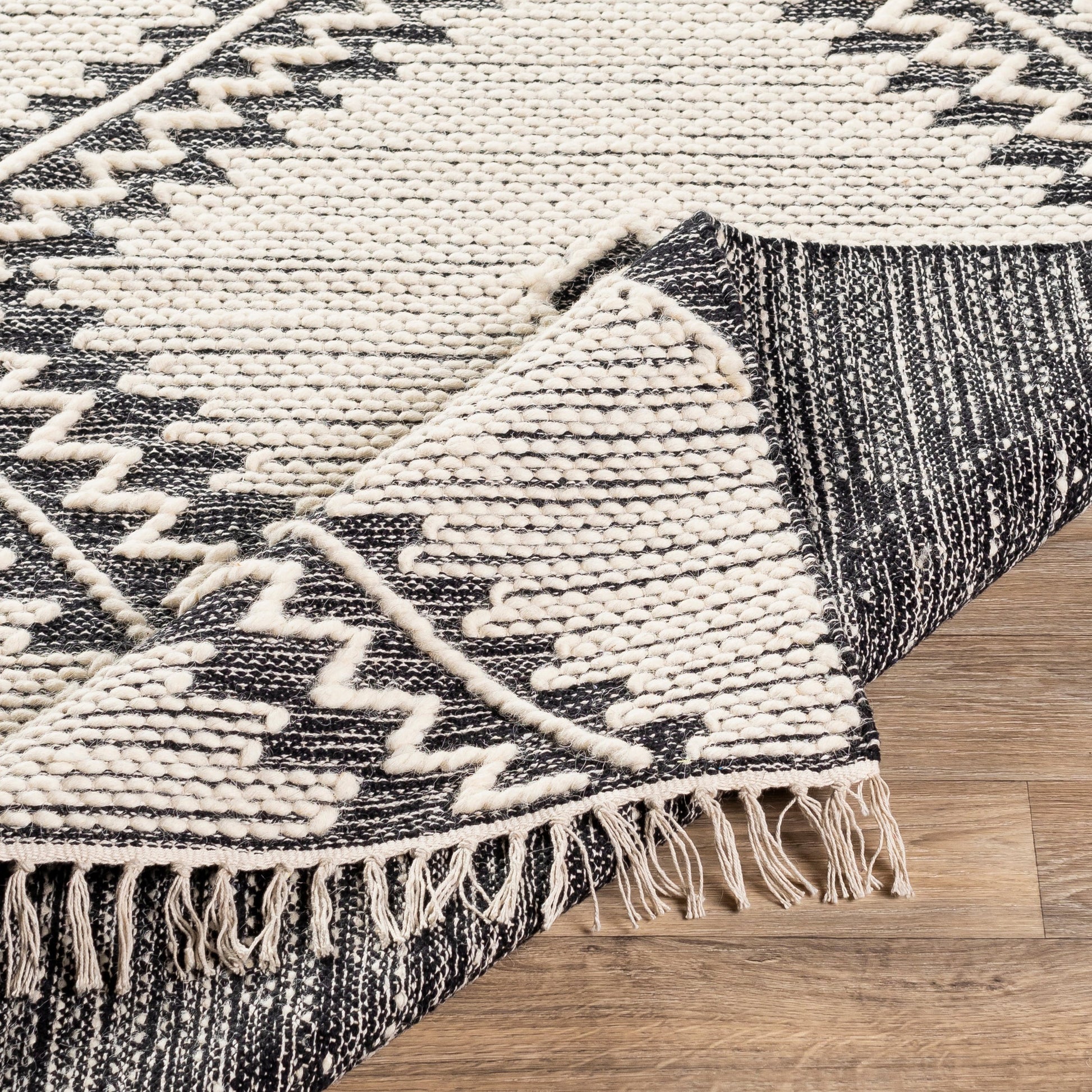 Bedouin BDO-2302 Rug by Livabliss in black, cream. Made from 70% cotton, 30% wool in a unique style.