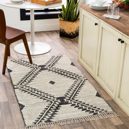 Bedouin BDO-2302 Rug by Livabliss in black, cream. Made from 70% cotton, 30% wool in a unique style.
