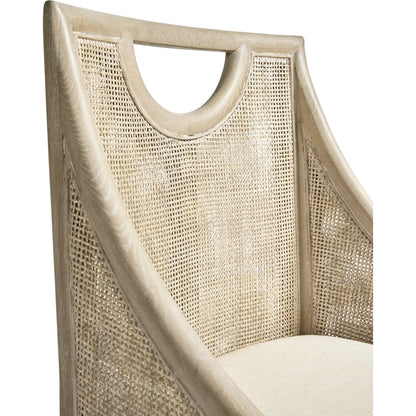 Fjord Dining Chair by Jonathan Charles in white washed cerused oak. Made from oak solids, cane, rope, foam, fabric in a transitional style.