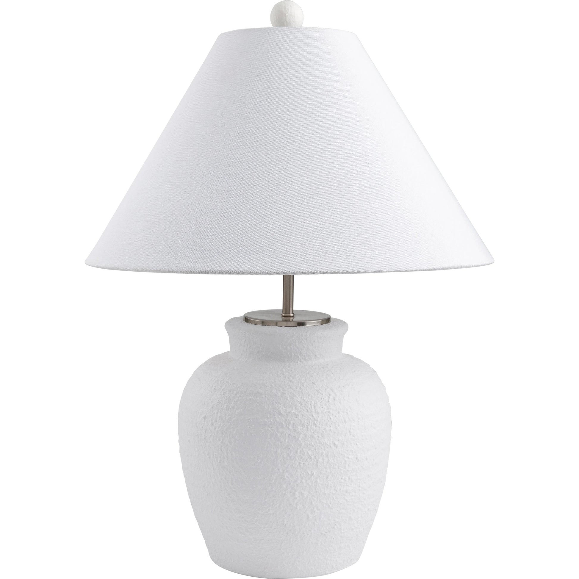 Bordeaux Table Lamp - 498984 by Surya in white, metallic silver, translucent, metallic nickel. Made from body: cement, metal, shade (outside): linen, shade (inside): polyester, finial: plastic in a modern style.