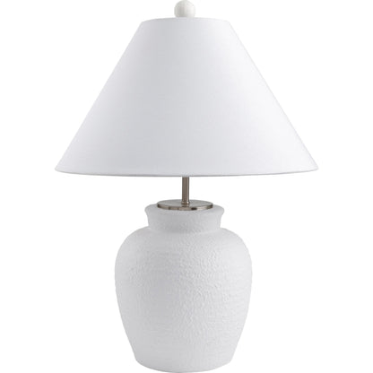 Bordeaux Table Lamp - 498984 by Surya in white, metallic silver, translucent, metallic nickel. Made from body: cement, metal, shade (outside): linen, shade (inside): polyester, finial: plastic in a modern style.