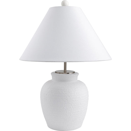 Bordeaux Table Lamp - 498984 by Surya in white. Made from body: cement, metal, shade (outside): linen, shade (inside): polyester, finial: plastic in a modern style.