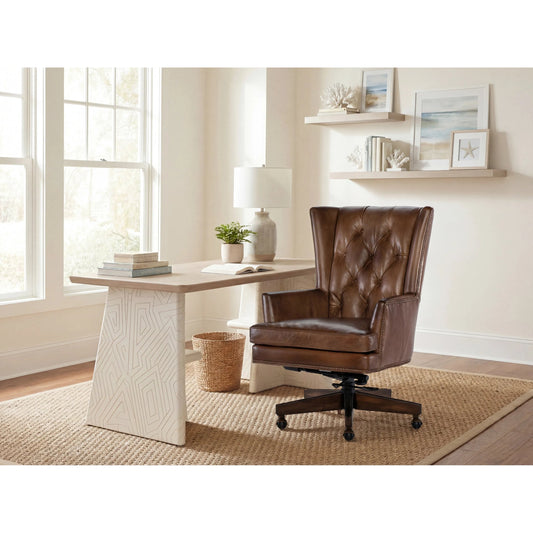 Finley Executive Chair by Hooker Furniture in checkmate pawn and dark wood. Made from leather, checkmate pawn (aniline top grain) in a traditional style.
