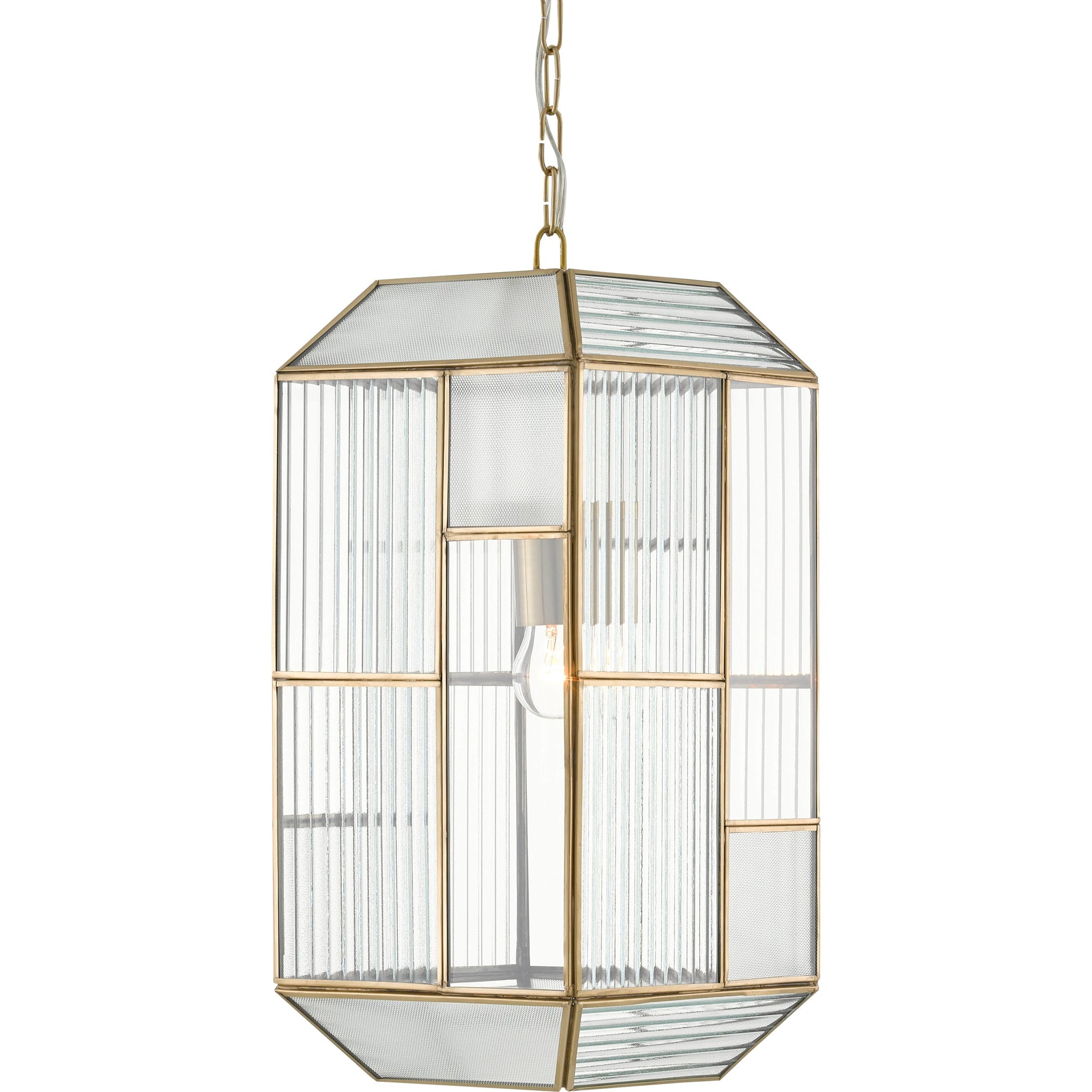 Bardolph Pendant by Currey and Company in antique brass. Made from iron, glass in a transitional style.