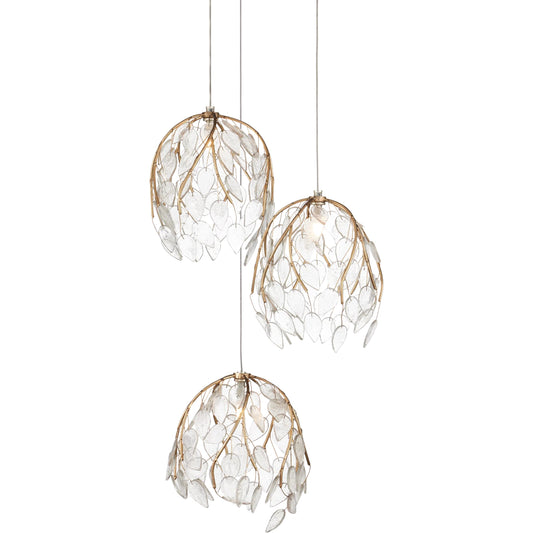 Banyan 3-Light Multi-Drop Pendant by Currey and Company in antique brass, clear, silver. Made from metal, glass in a modern style.