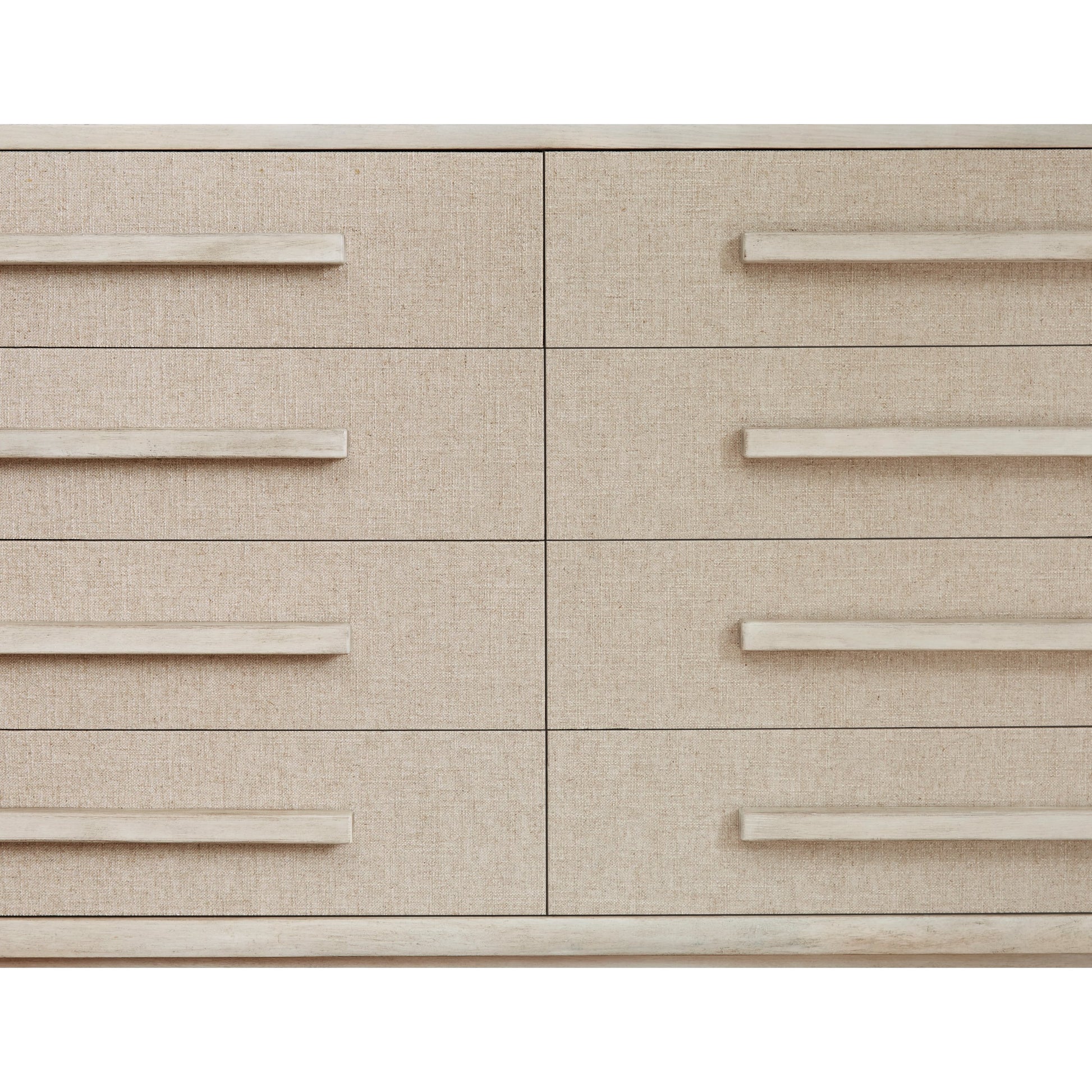 Cotiere Dresser in Beige Linen by A.R.T. Furniture in beige linen. Made from parawood solids, mixed split cathedral and quarter white oak veneers, fabric in a modern style.