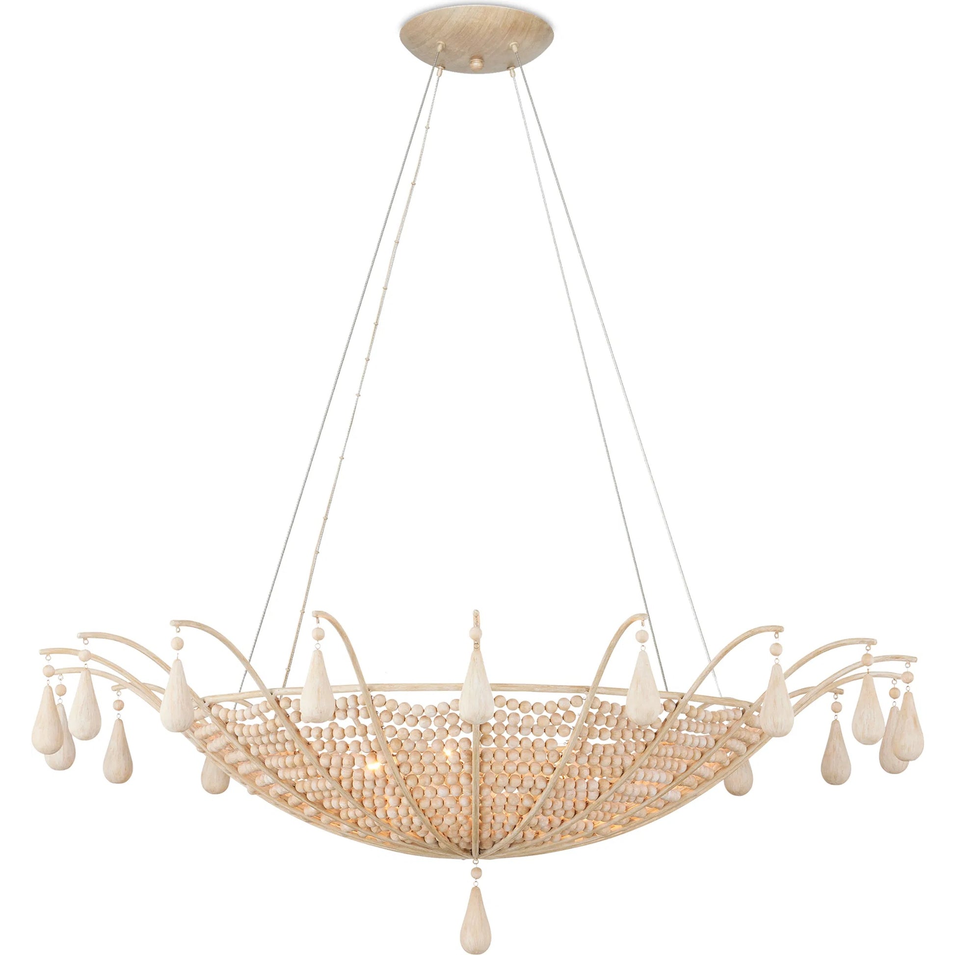 Korg Chandelier by Currey and Company in sandstone. Made from wood beads, wrought iron in a cottage & farmhouse style.