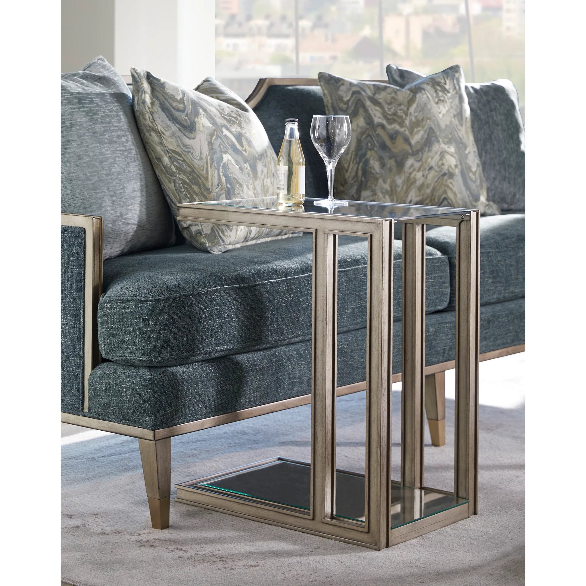 Harper Sofa by A.R.T. Furniture in blue and mica, lichen. Made from rubberwood solids, foam, fabric, metal in a traditional style.