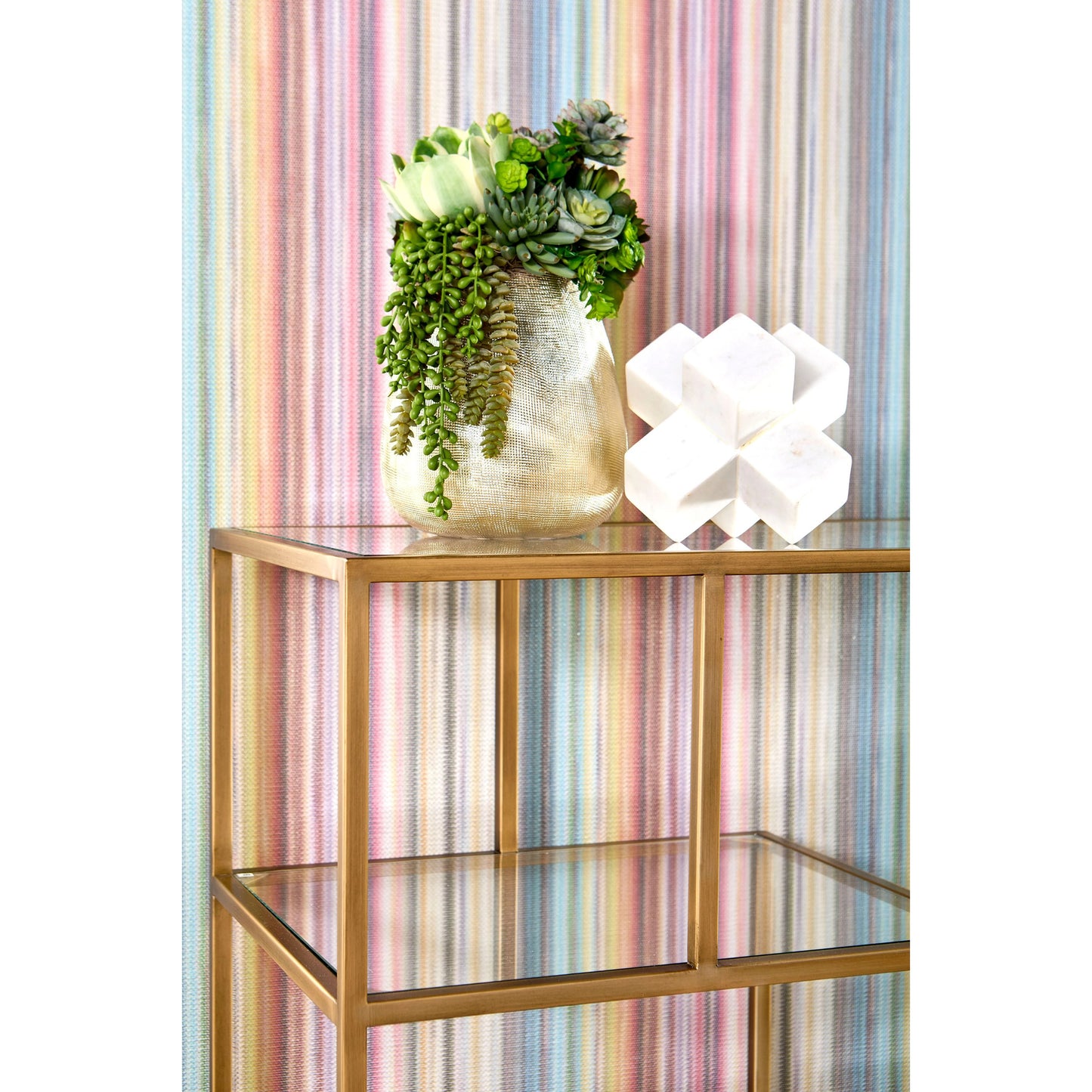 008 SR-789337 | Lifestyle | Beakman Bookcase by Essentials For Living in brass, clear. Made from metal, glass in a transitional style.