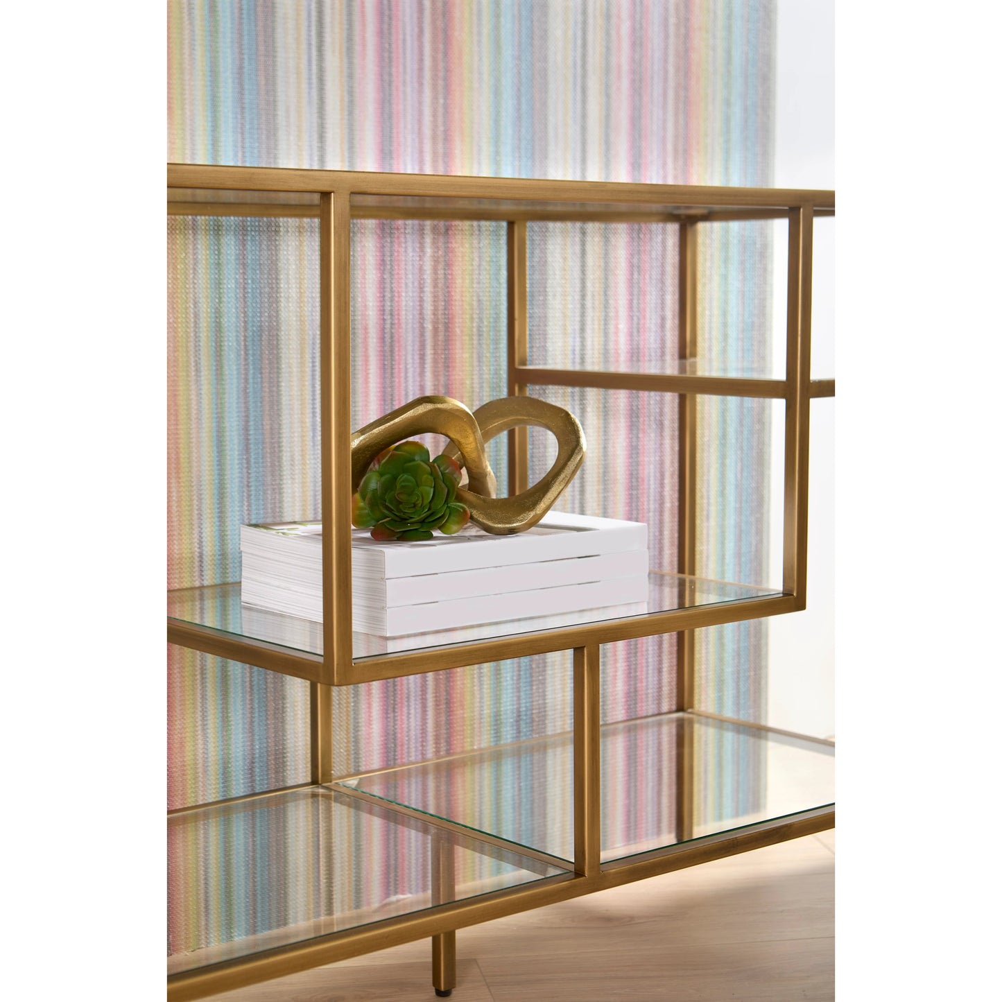 007 SR-789337 | Lifestyle | Beakman Bookcase by Essentials For Living in brass, clear. Made from metal, glass in a transitional style.