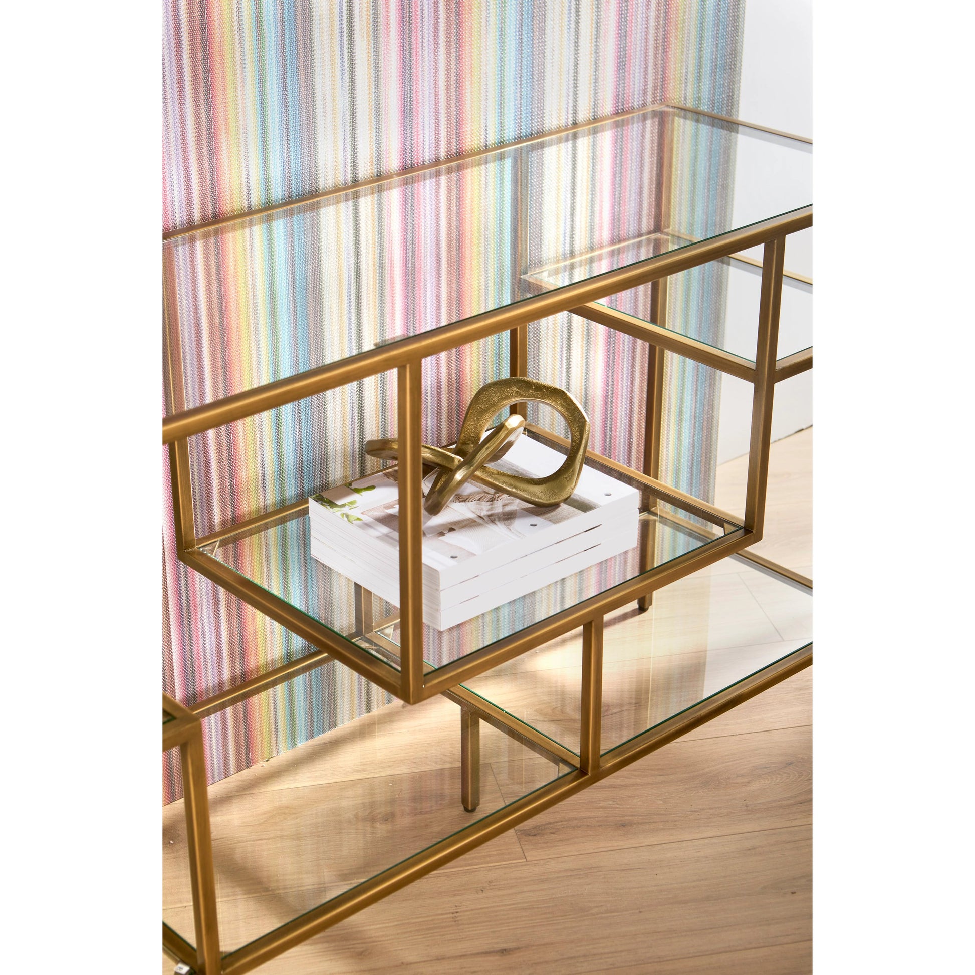 Beakman Bookcase by Essentials For Living in brass, clear. Made from metal, glass in a transitional style.