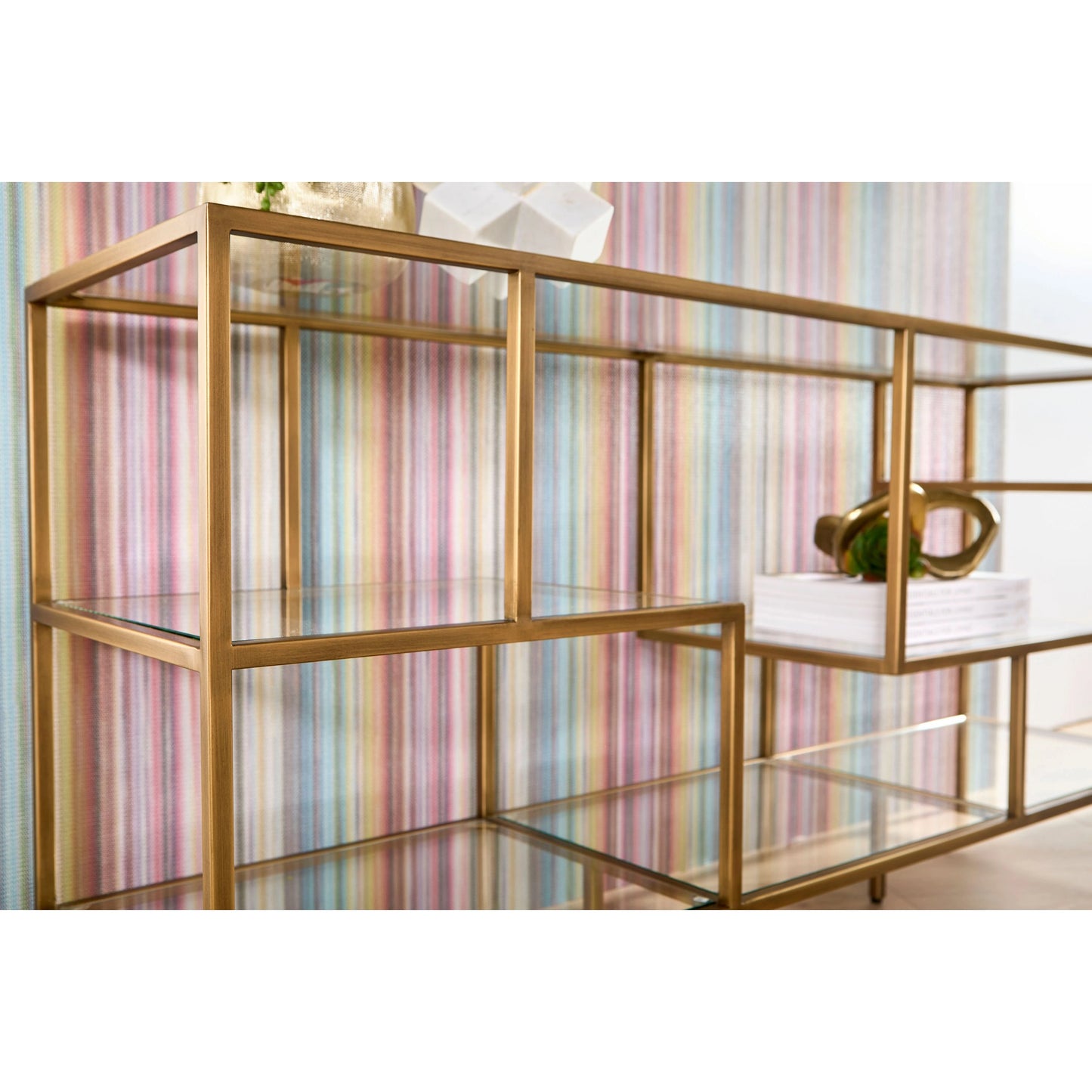 009 SR-789337 | Lifestyle | Beakman Bookcase by Essentials For Living in brass, clear. Made from metal, glass in a transitional style.