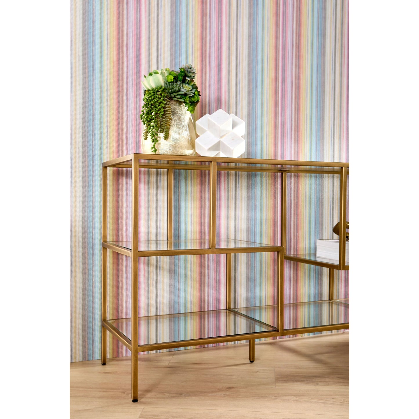015 SR-789337 | Lifestyle | Beakman Bookcase by Essentials For Living in brass, clear. Made from metal, glass in a transitional style.