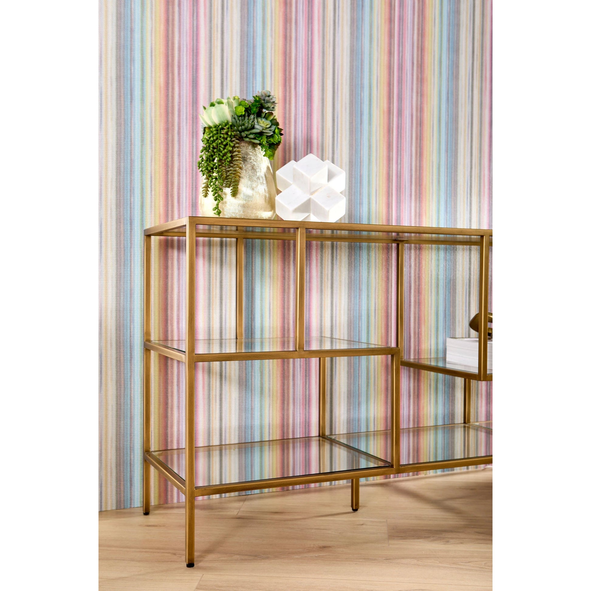 Beakman Bookcase by Essentials For Living in brass, clear. Made from metal, glass in a transitional style.