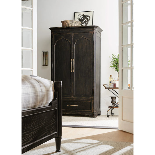 Americana Wardrobe by Hooker Furniture in black and molasses finish. Made from oak veneers in a cottage & farmhouse style.