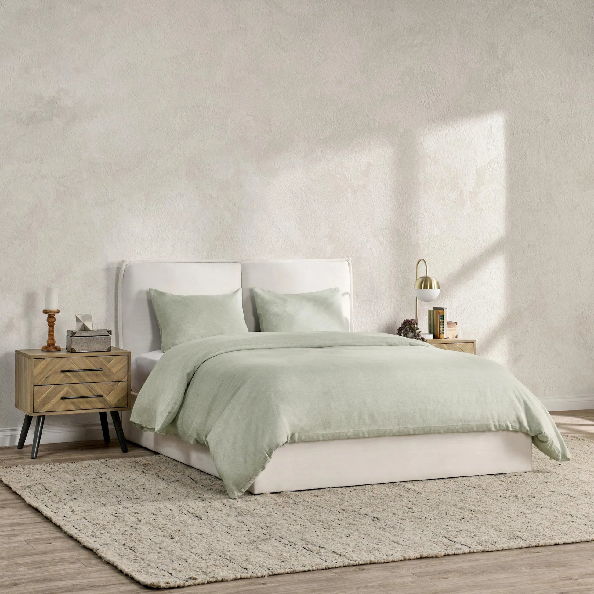 Jayson Sagebrush Linen Cashmere Duvet 3pc Set by Villa by Classic Home in sage. Made from 70% linen, 25% cotton, 5% cashmere in a transitional style.
