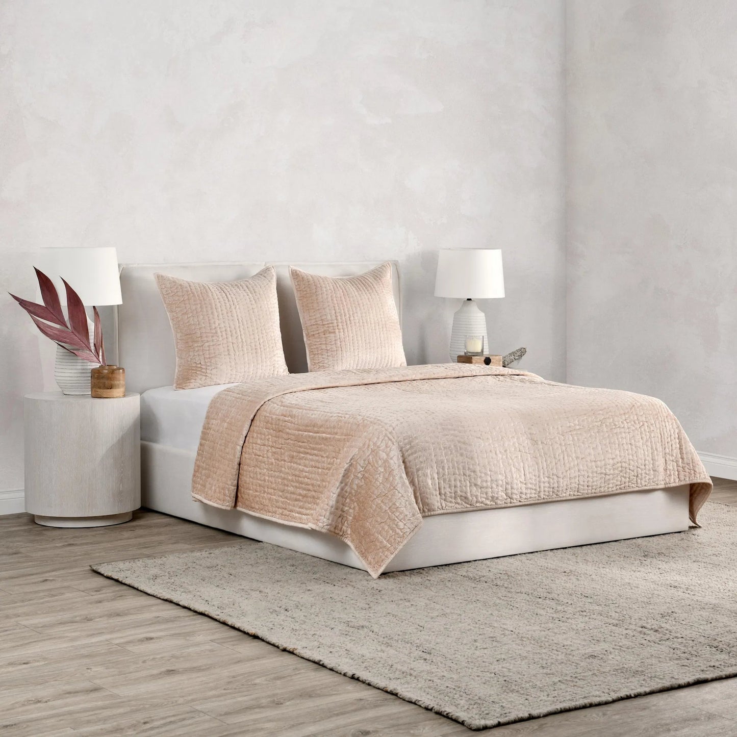 003 SI-2355366 | Lifestyle | Dimitry 3-Piece 100% Rayon Velvet Quilt by Villa by Classic Home in beige. Made from 100% rayon velvet in a transitional style.