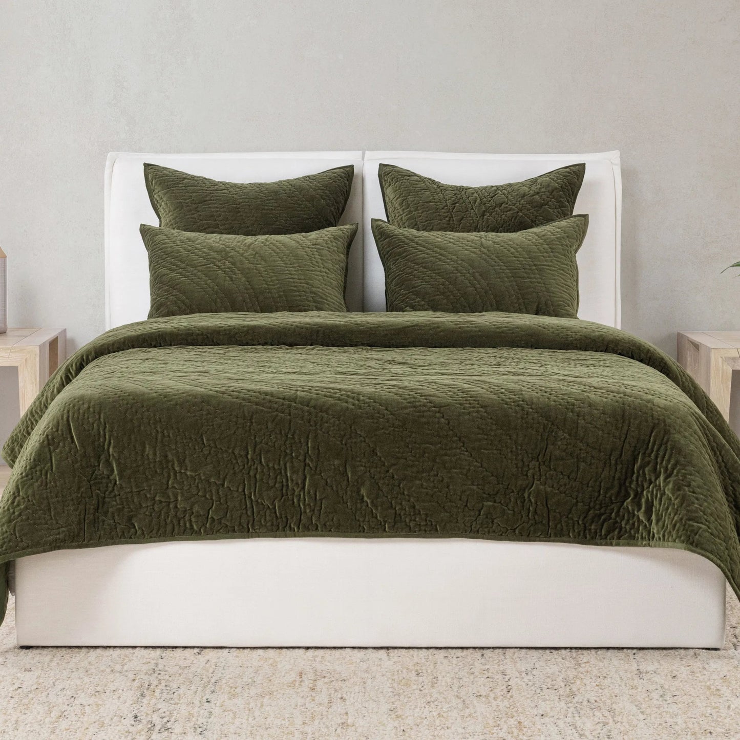 004 SI-2533446 | Lifestyle | Elms 3-Piece Velvet Cotton Blend Quilt Set by Villa by Classic Home in green. Made from 80% cotton, 20% polyester in a unique style.