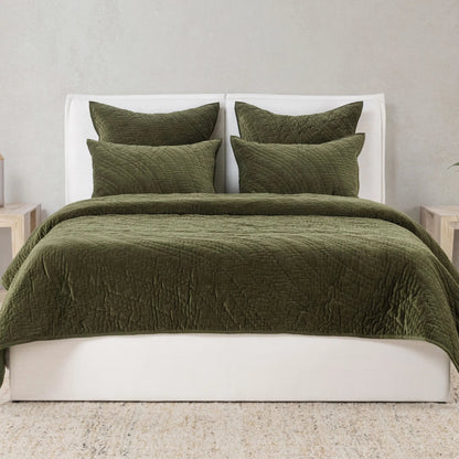 Elms 3-Piece Velvet Cotton Blend Quilt Set by Villa by Classic Home in green. Made from 80% cotton, 20% polyester in a unique style.