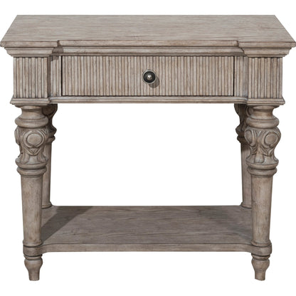 Kingsbury Open Nightstand by Pulaski Furniture in french grey. Made from oak veneers, hardwood solids in a traditional style.