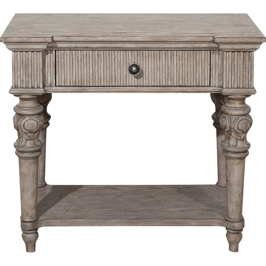 001 SI-2155599 | Primary Silo | Kingsbury Open Nightstand by Pulaski Furniture in french grey. Made from oak veneers, hardwood solids in a traditional style.