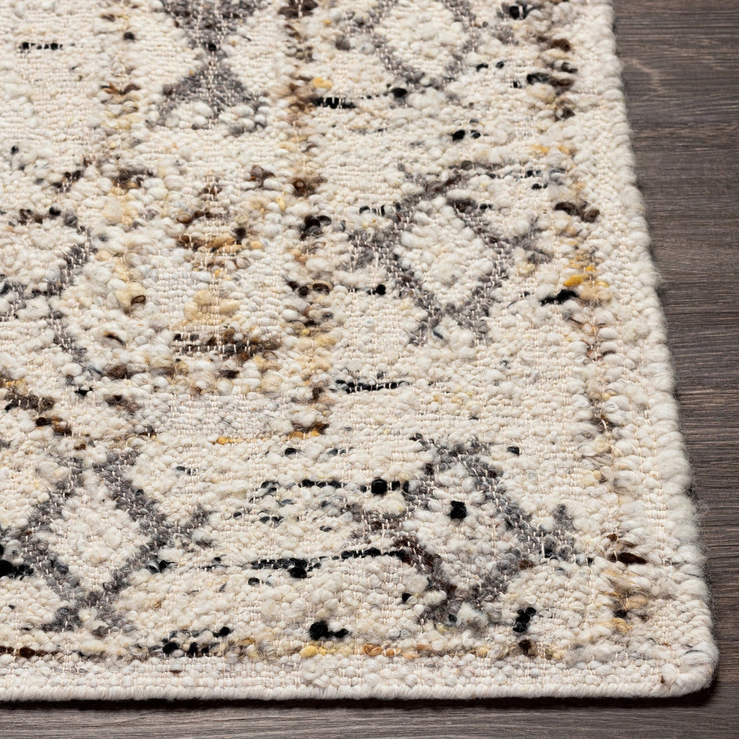 004 SI-1878133,SI-1878134,SI-1878135,SI-1878136 | Closeup | Bremen Rug - 29467 by Surya in cream, gray, charcoal, black, brown, yellow. Made from 100% wool in a unique style.