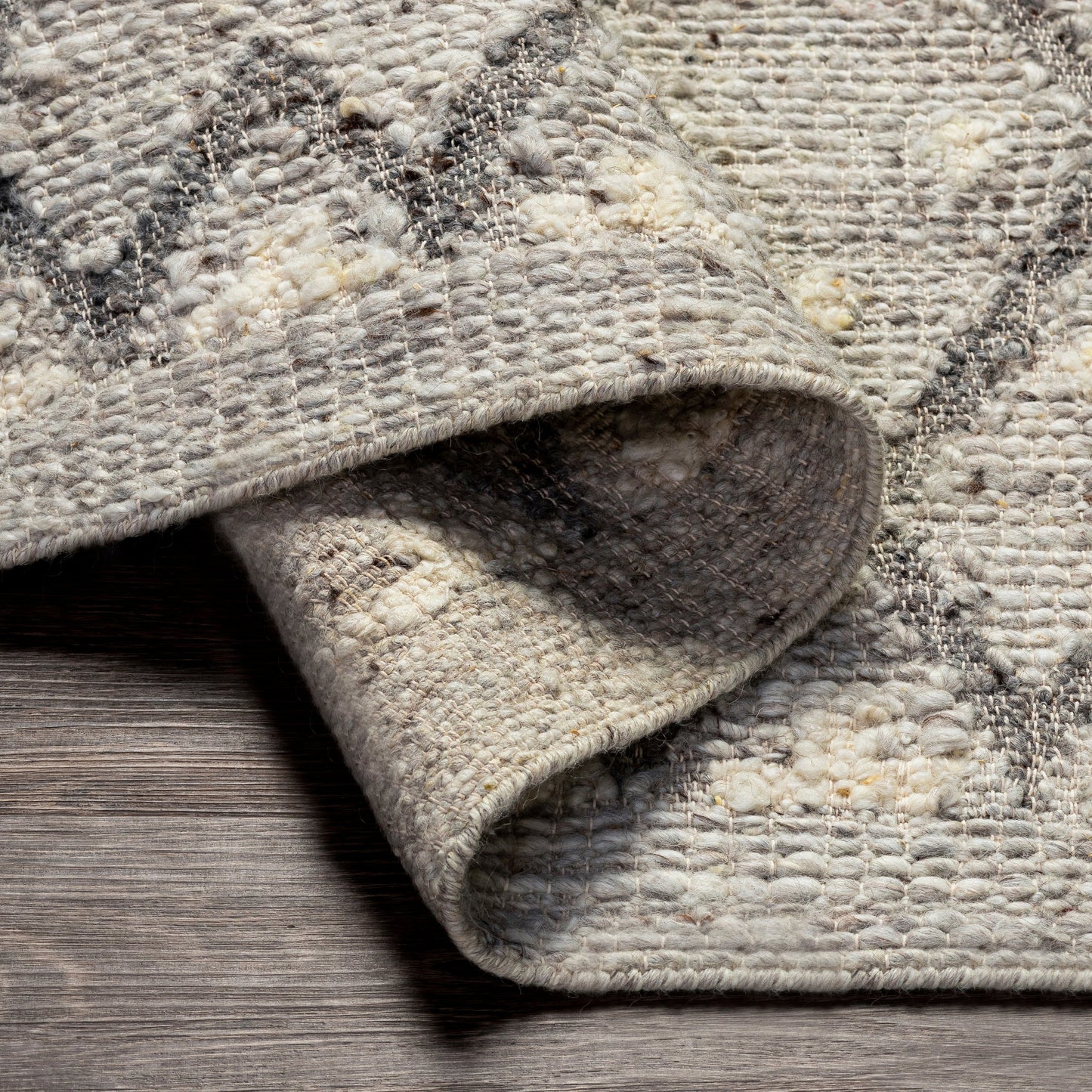 005 SI-1878141,SI-1878142,SI-1878143,SI-1878144 | Closeup | Bremen Rug - 29472 by Surya in light slate, cream, gray, charcoal, brown. Made from 100% wool in a unique style.