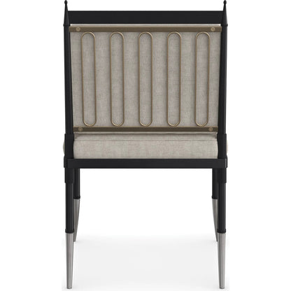 Athena Side Chair by Caracole in linen, gold and graphite, brushed gold. Made from metal in a transitional style.